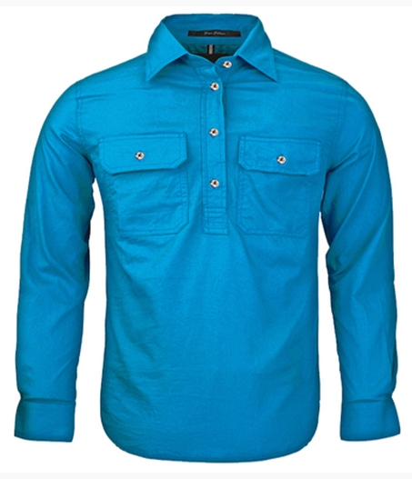 PRE-ORDER Kids Pilbara Closed Front L/S shirt, Colours: Azure