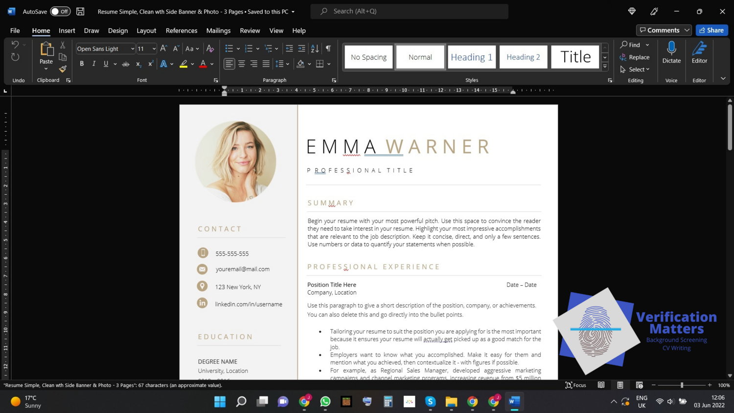 Self-Service CV Template (Side Banner with Photo)