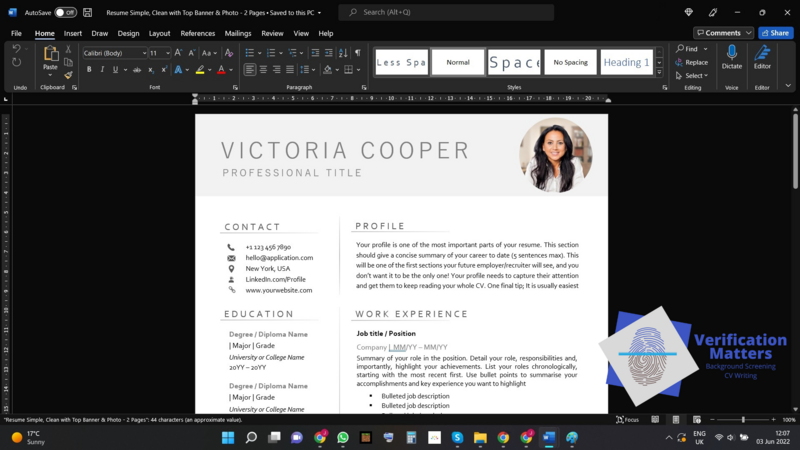 Self-Service CV Template (Top Banner with Photo)