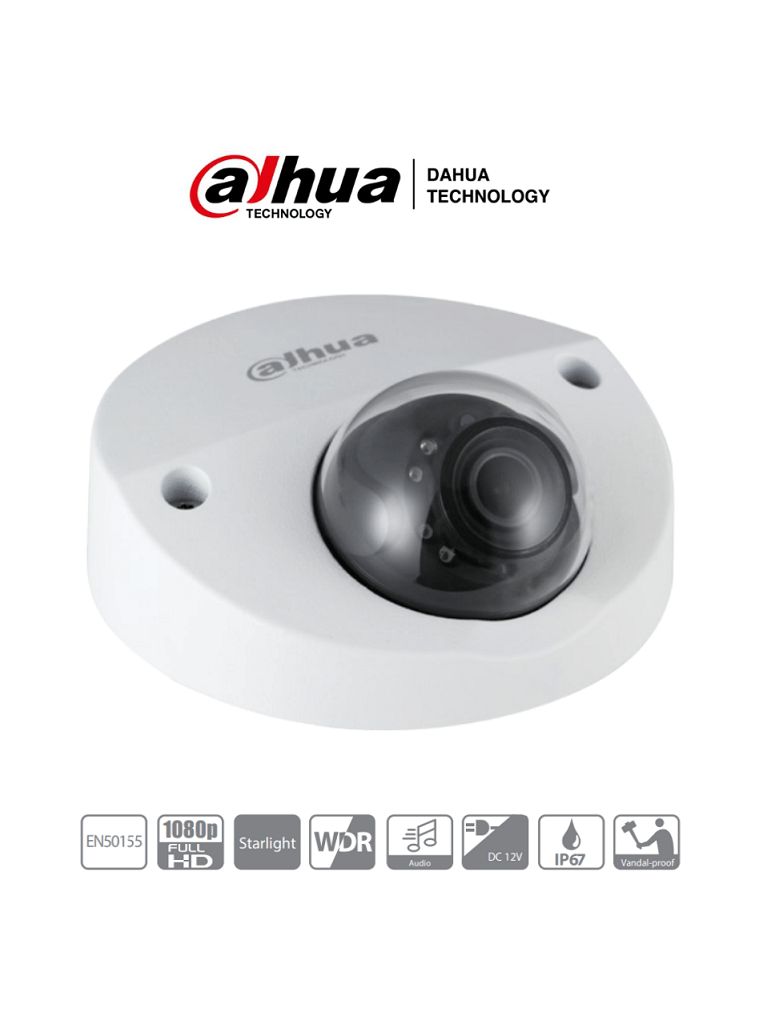 DAHUA DH-HAC-HDBW2241FN-M-A-0280B CAMARA MOVIL TIP DOMO DE 2MP LENTE FIJO IR 20 AUDIO IK10