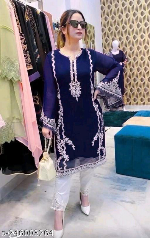 Georgette Kurti &amp; Pants Set with Embroidery Work
