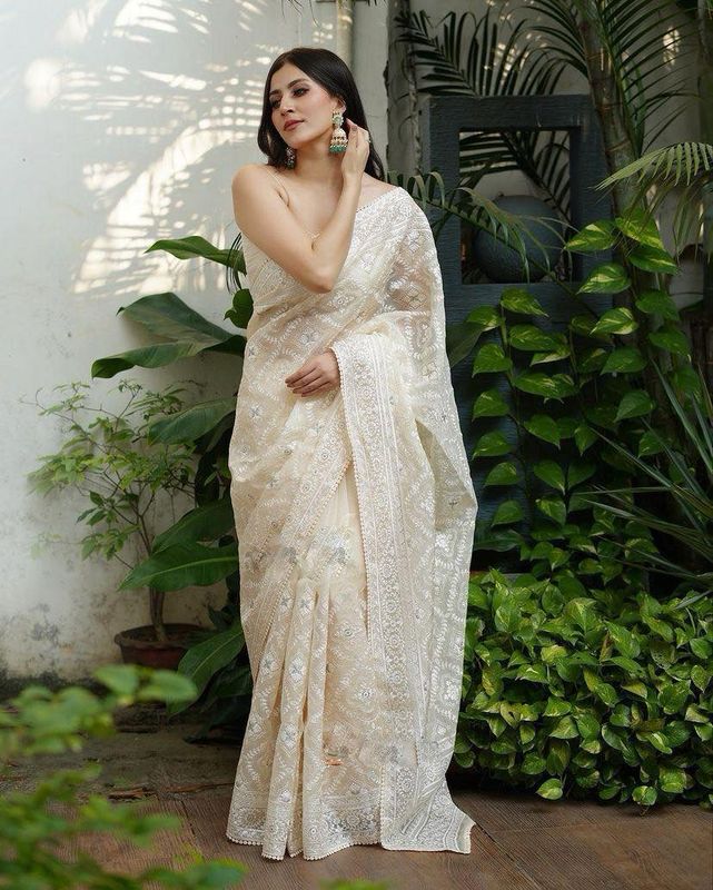 Soft Organza Saree With Lucknowi Work
