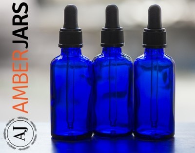 10 x 50ml Blue Glass Bottle Black Dropper - Pipette Aromatherapy tincture serum