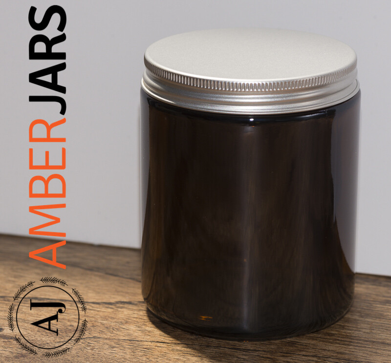 100 x 250ml Amber Glass Jar - Silver ALUMINIUM Lids on SALE