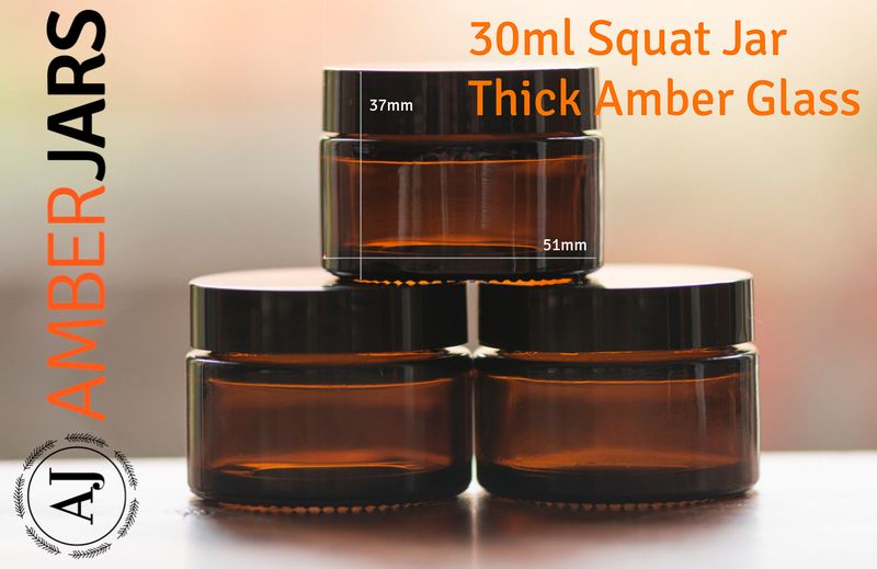 30ml Amber Glass SQUAT Jar with Black Wadded Lid