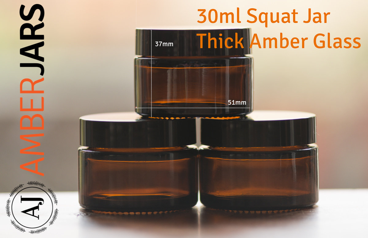 6 x 30ml Amber Glass SQUAT Jar with Black Wadded Lid