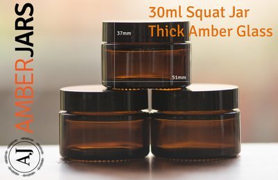 6 x 30ml Amber Glass SQUAT Jar with Black Wadded Lid