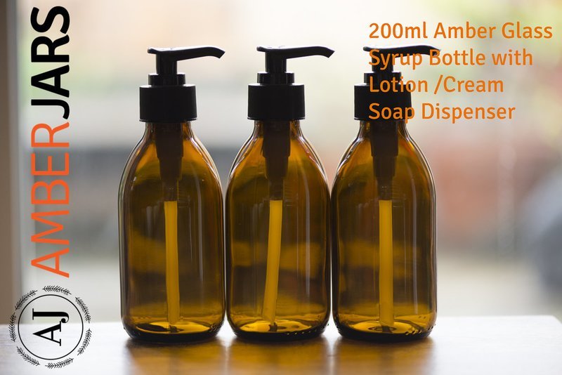 200ml Amber Glass Syrup Bottles / Lotion PUMP / Soap Dispenser