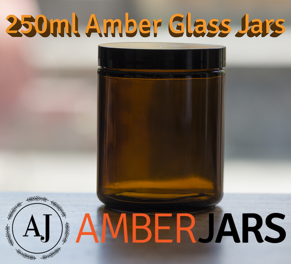 100 x 250ml Amber Glass Jar - BUY bulk and SAVE, LID MATERIAL: BLACK PLASTIC LID