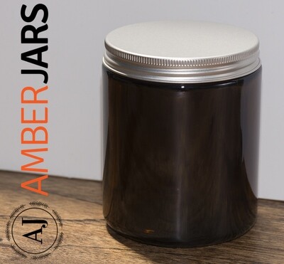 100 x 250ml Amber Glass Jar - Silver ALUMINIUM Lids on SALE