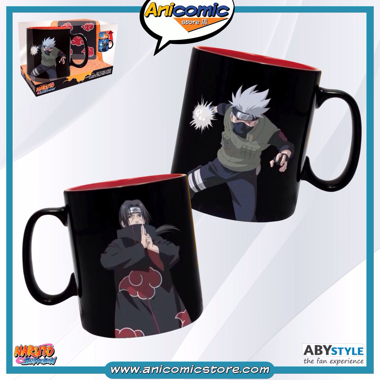Set Taza mágica + Posavaso Sharingan Itachi &amp; Kakashi