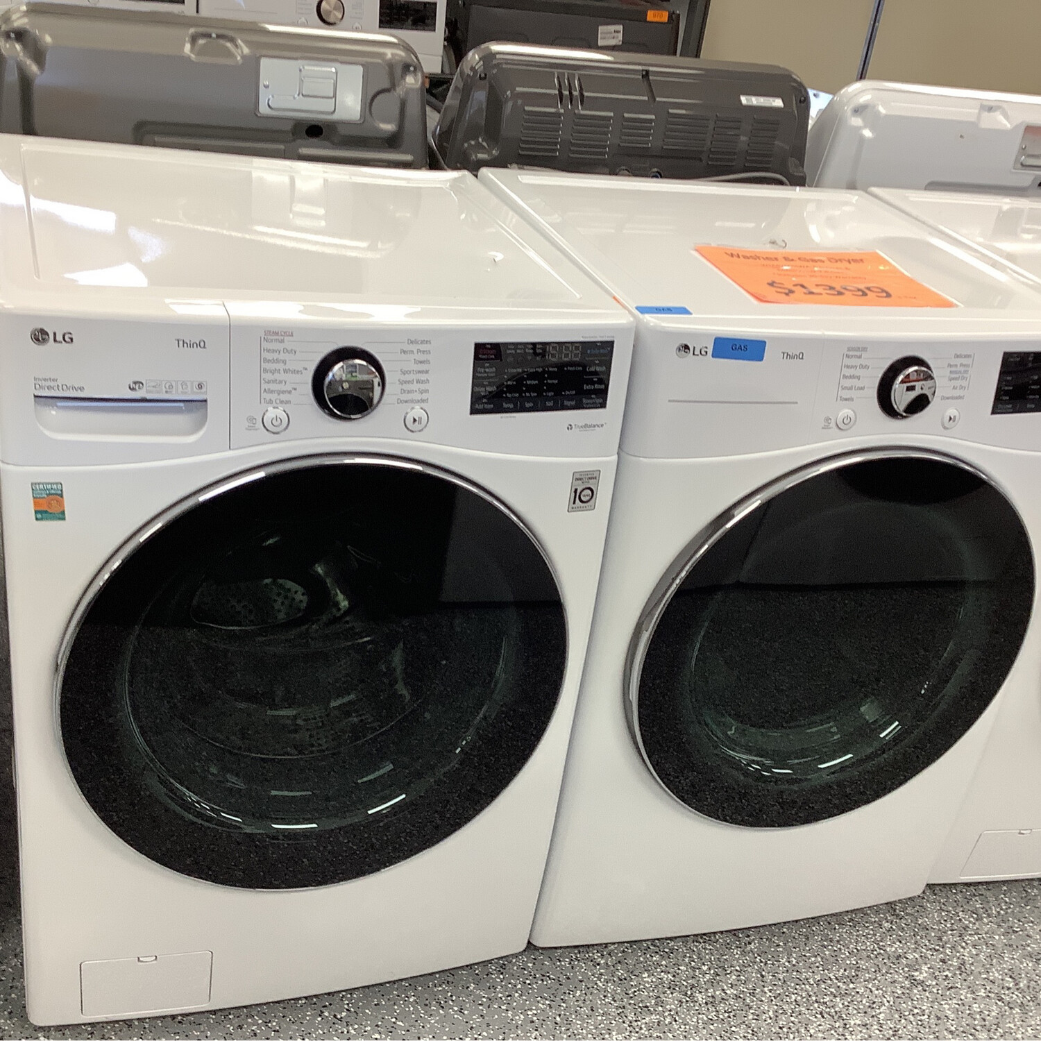 LG 5.0 cu. ft. Mega Capacity Smart wi-fi Enabled Front Load Washer with TurboWash™ 360° / 7.4 cu. ft. Front Load Gas Dryer