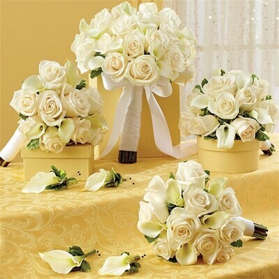 White Personal Package (1 Bridal Bouquet, 3 Bridesmaid Bouquets And 4 Boutonnieres