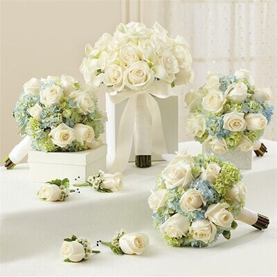 Blue And White Personal Package (1 Blue Bridal Bouquet, 3 Bridesmaid Bouquets And 4 Boutonnieres