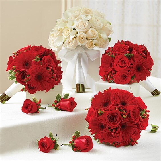 Red And White Personal Package (1 White Bridal Bouquet, 3 Bridesmaid Bouquets And 4 Boutonnieres