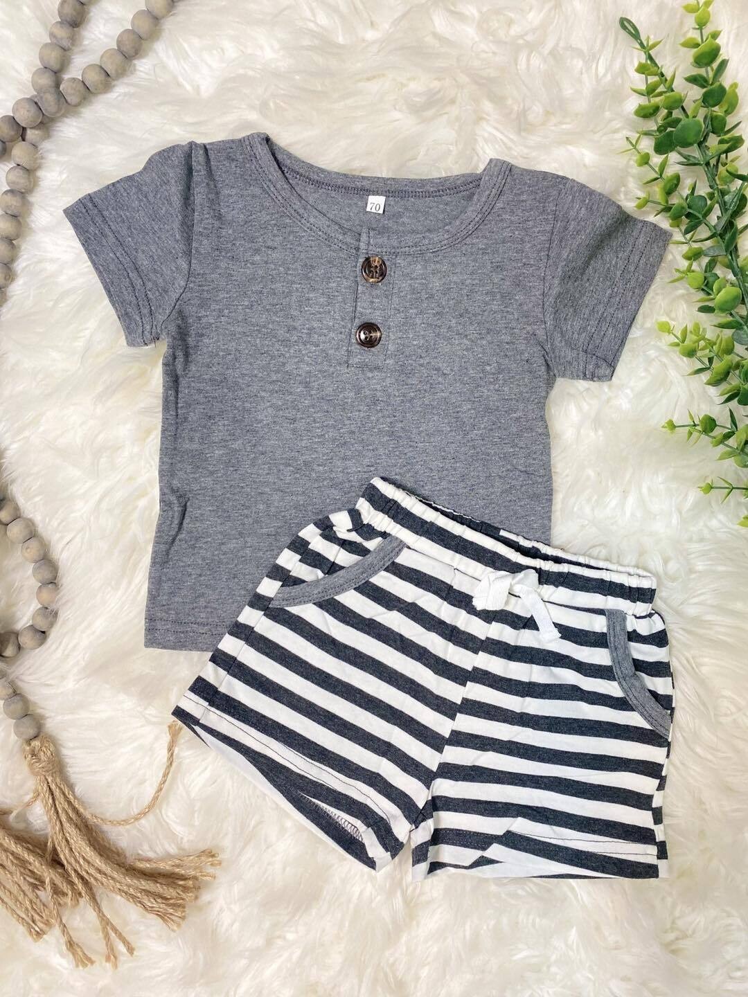 Grey Striped Shorts Set - 18/24mo