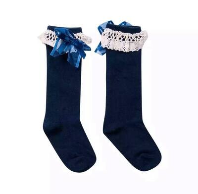 Cotton Lace Knee High Navy w/Bow - 2/6yrs