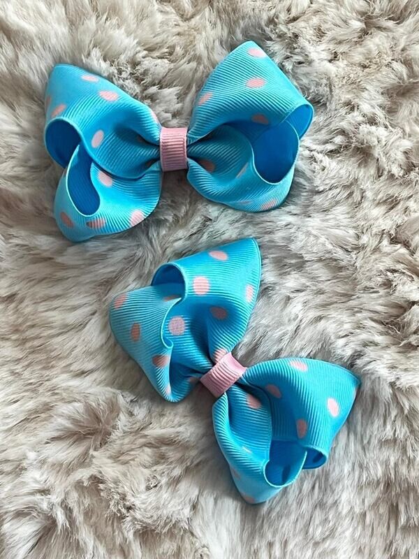Bow2451 - Lt Blue Pink Polka Dot Piggy Set