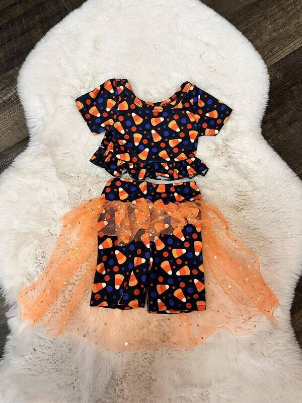 Candy corn peplum tulle skirted short set - 3/6mo