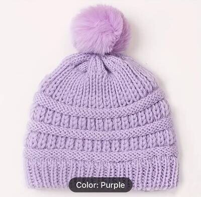Purple Knit Beanie w/Pom - 0-3 years