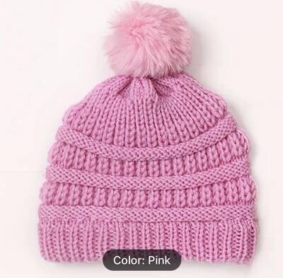 Pink Knit Beanie w/Pom - 0-3 years