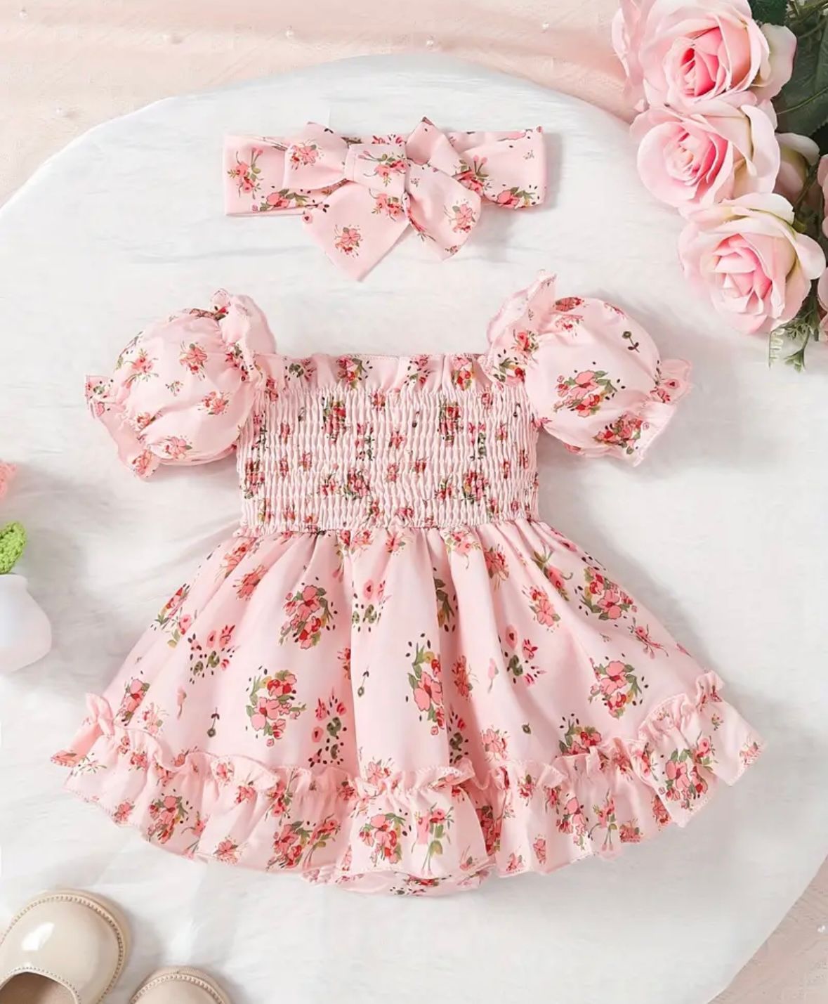 Pink Floral Dress with headband - 3/6mo