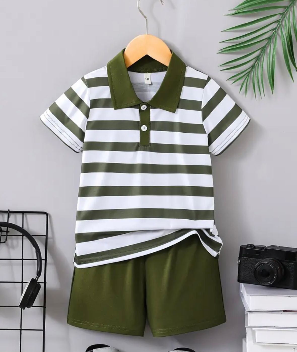 Olive Green Striped Shorts Set - 5/6