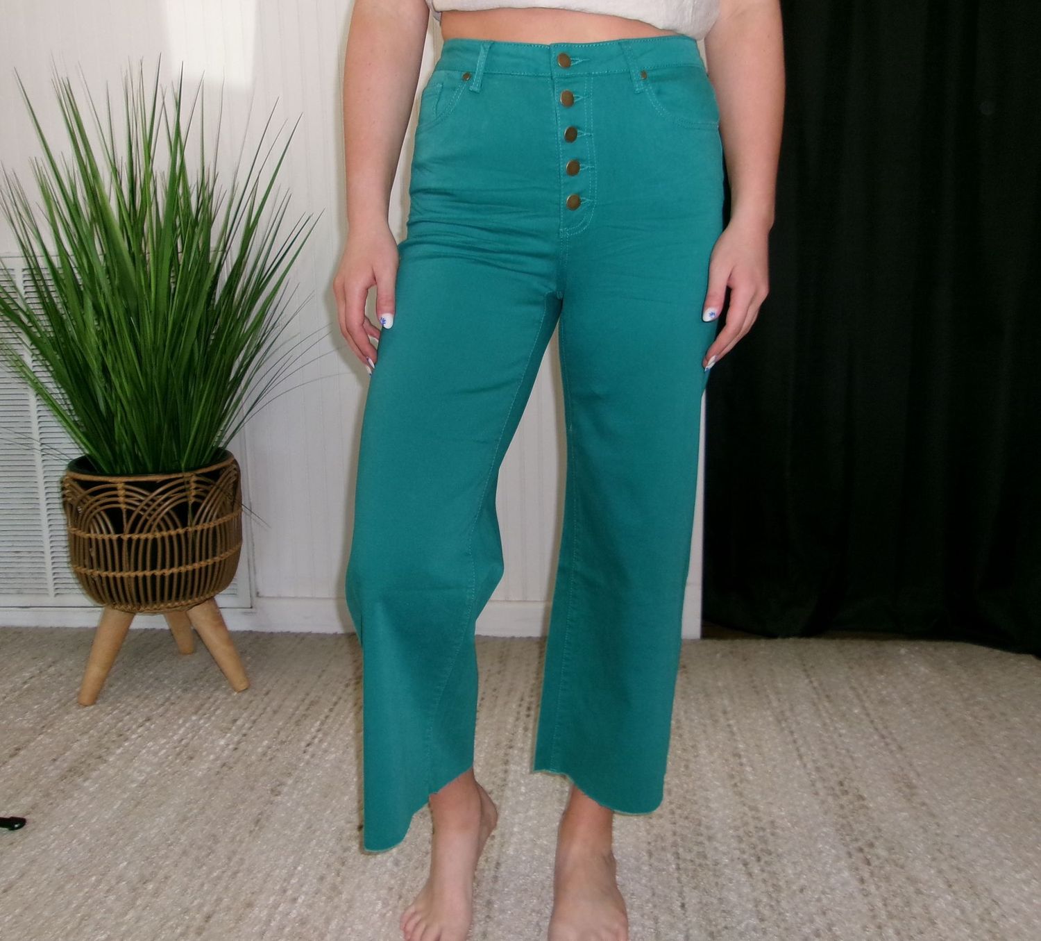 BUTTON FRONT STRETCH TWILL PANTS/PEACOCK