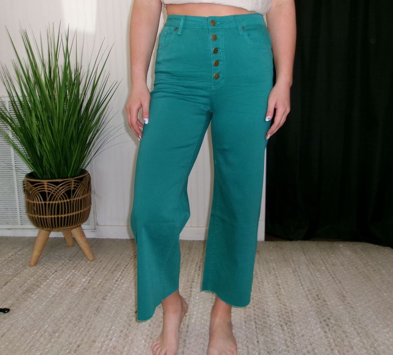 BUTTON FRONT STRETCH TWILL PANTS/PEACOCK