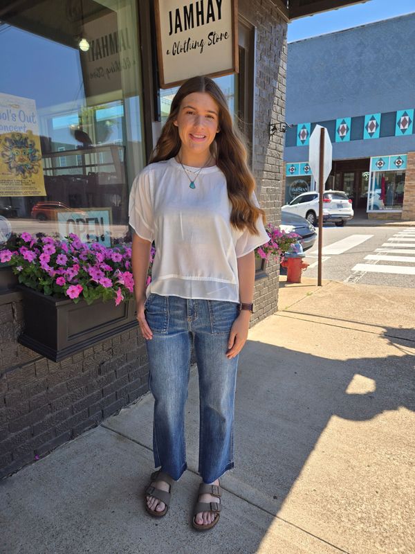 SHORT SLEEVE TOP WITH CHIFFON HEMLINE/WHITE