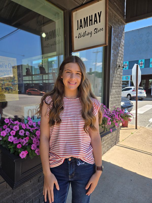 STRIPED RUFFFLE DETAIL TOP/RED