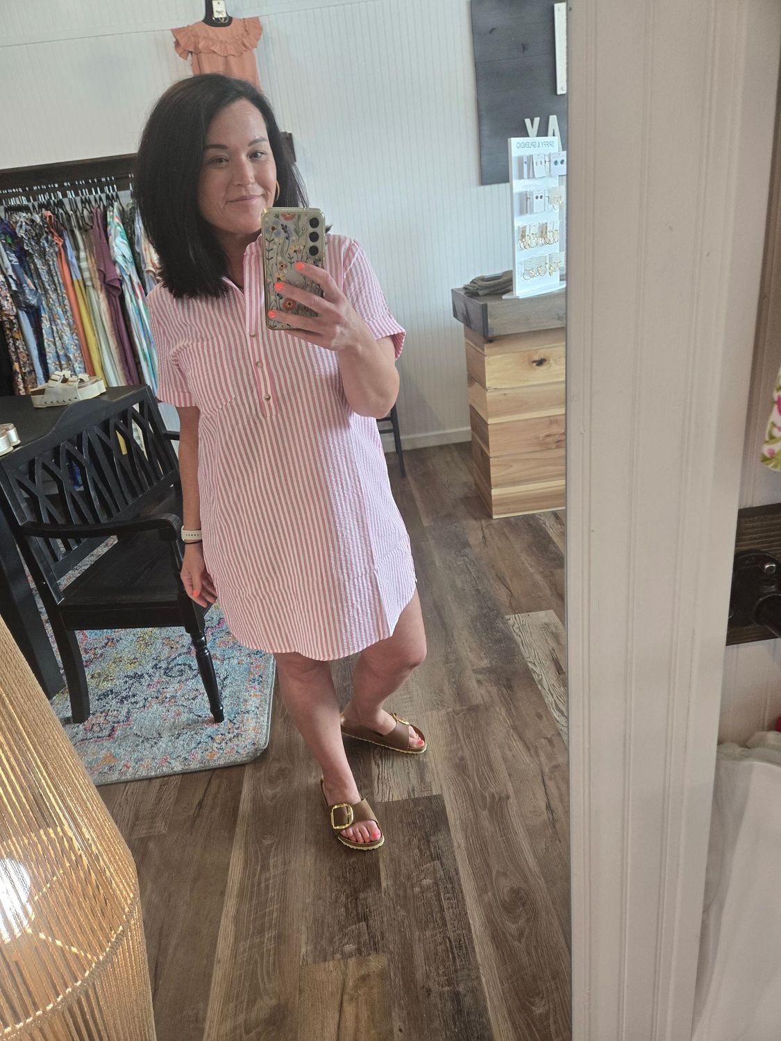 STRIPED SEERSUCKER SHIRT DRESS/PINK