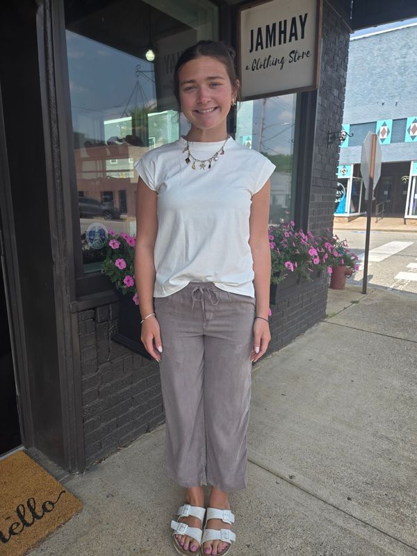 TENCEL WIDE LEG PANTS/GREIGE