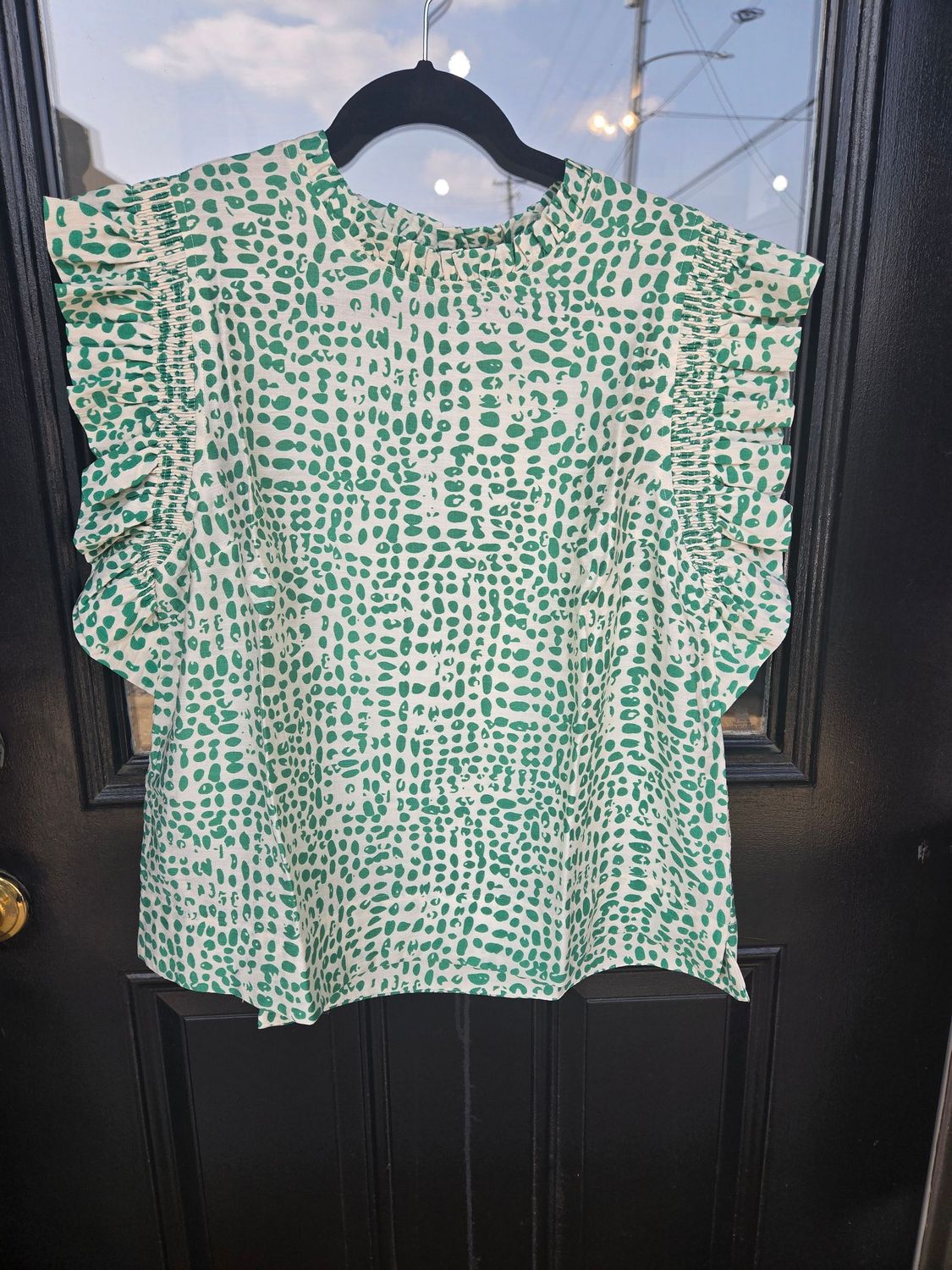 PRINT RUFFLE CAP SLEEVE TOP/GREEN