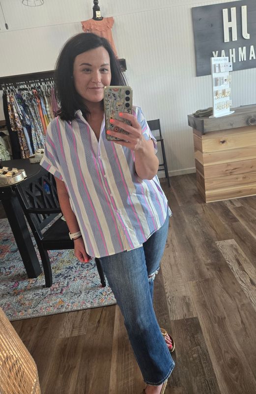 STRIPED PRINT SHORT DOLMAN SLEEVES TOP
