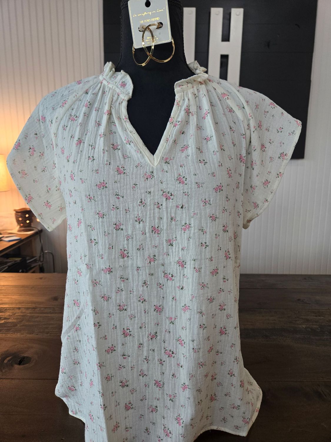 FLOWER PRINT V NECK TOP/PINK