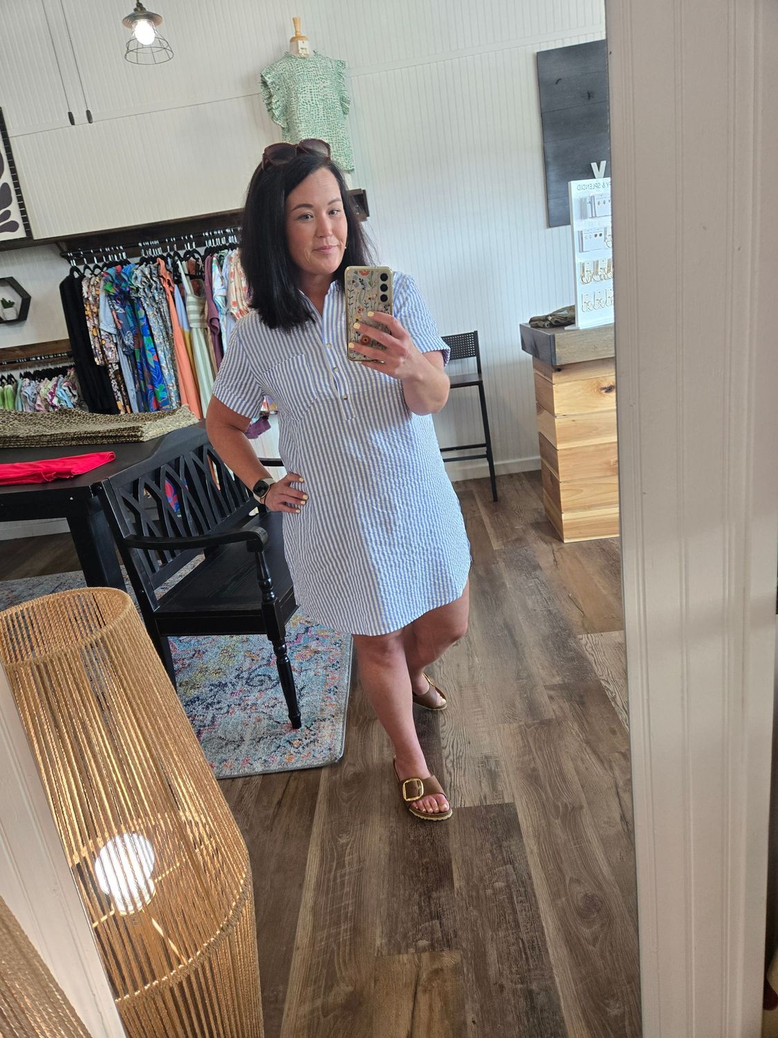 STRIPED SEERSUCKER SHIRT DRESS (BLUE)