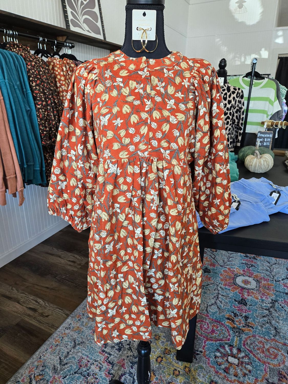 FLORAL CORDUROY BABYDOLL DRESS