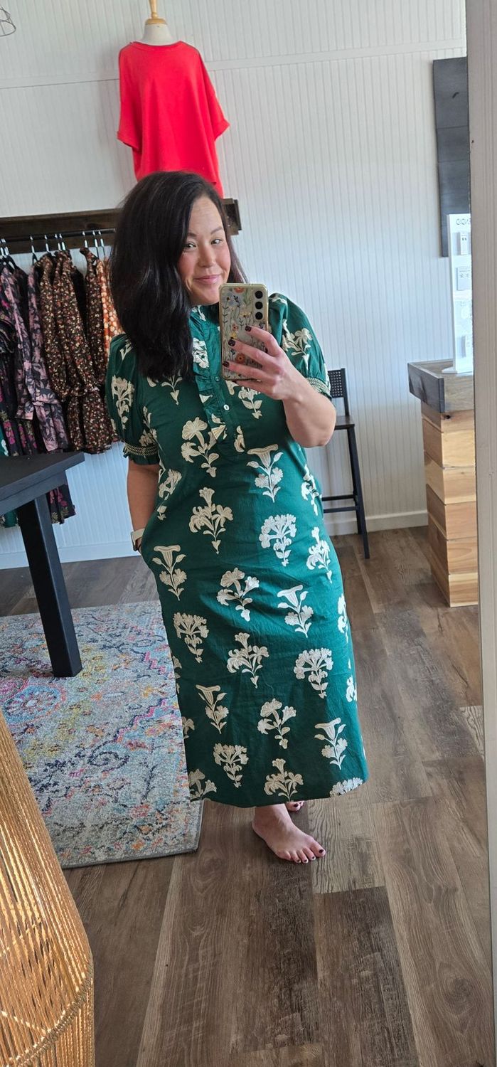 GREEN PRINT MIDI DRESS