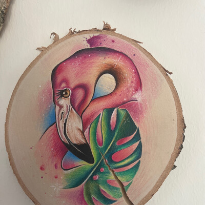 Holzscheibe Flamingo