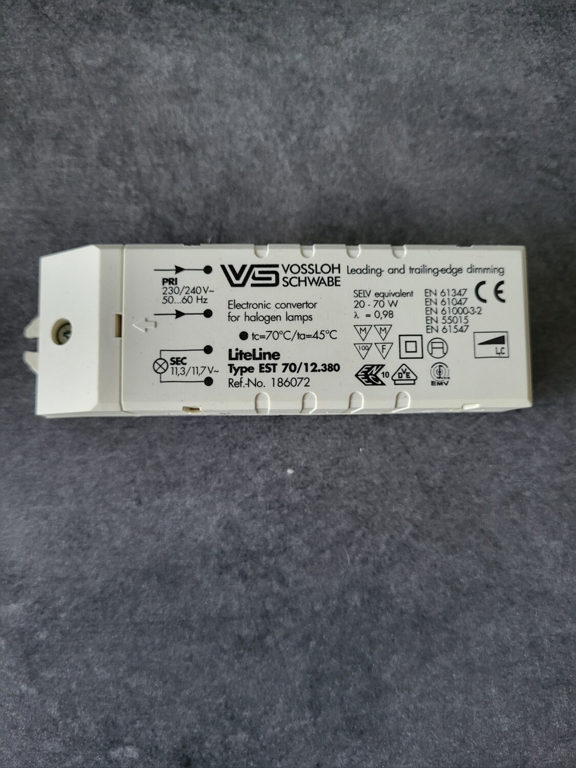 TRANSFORMATEUR ELECTRONIQUE VOSSLOH SCHWABE MODÈLE LITELINE 20-70 WATTS