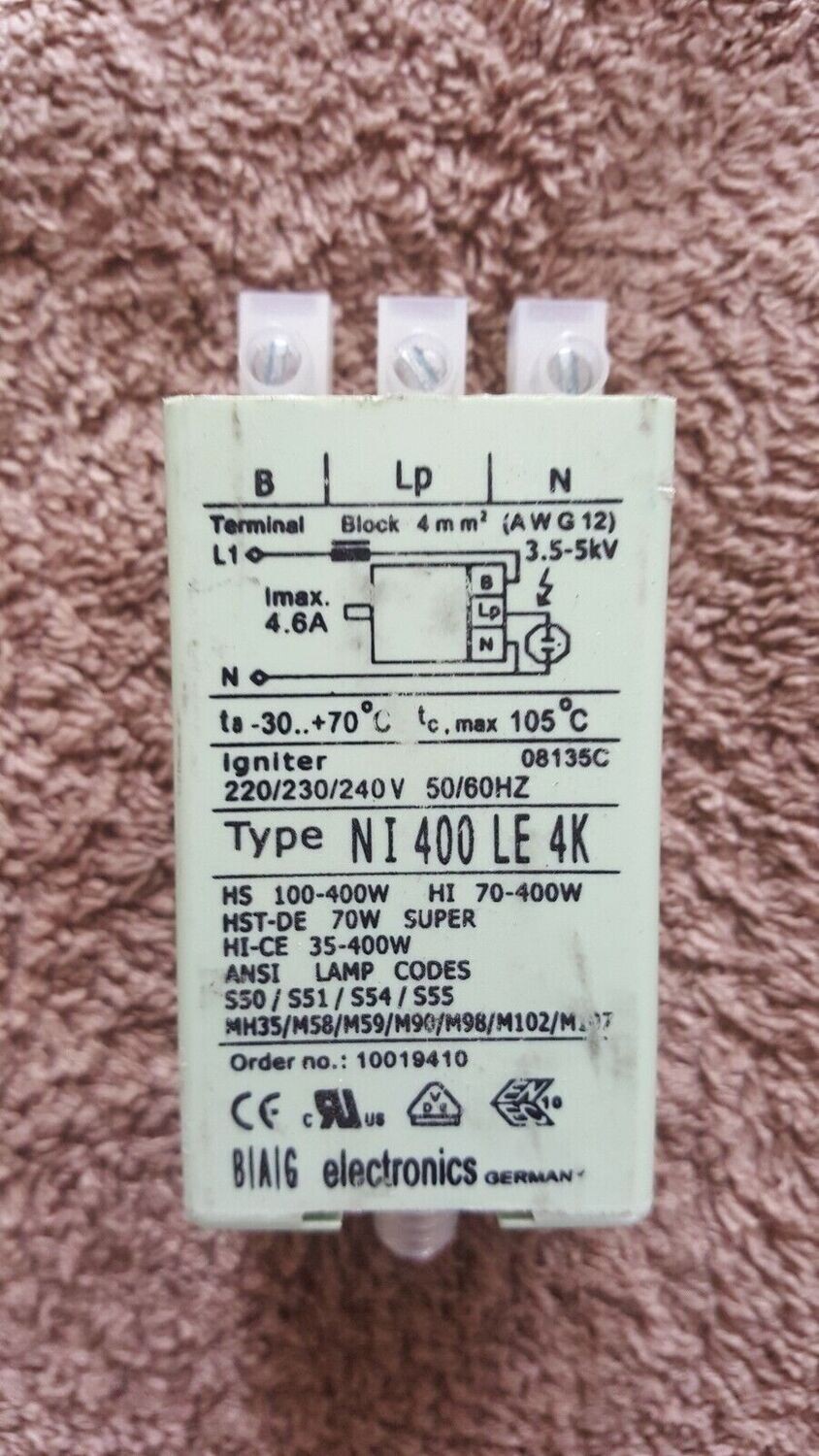 IGNITOR AMORCEUR BAG TYPE NI 400 LE 4K 3.5 - 5 KV. 35/400 WATTS