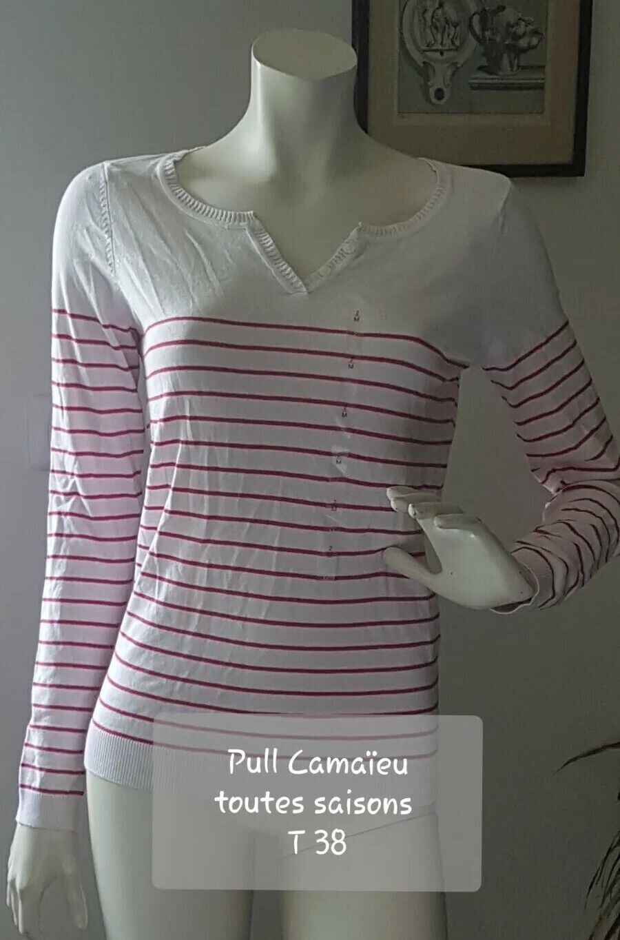 Pullover neuf Camaïeu taille 38 blanc / rose