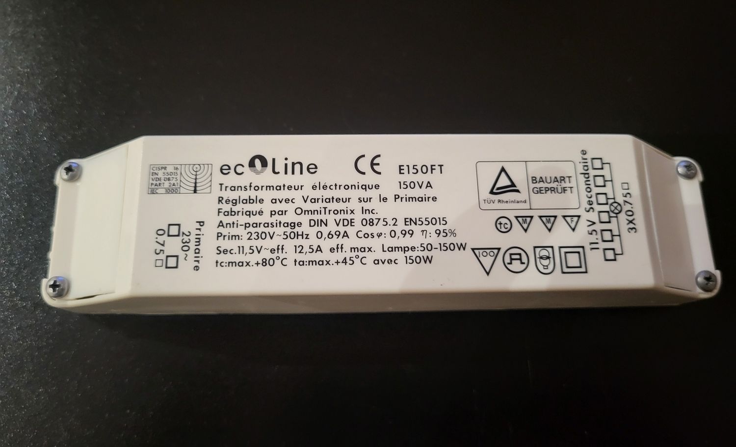 ECOLINE E150FT TRANSFORMATEUR ELECTRONIQUE 150VA