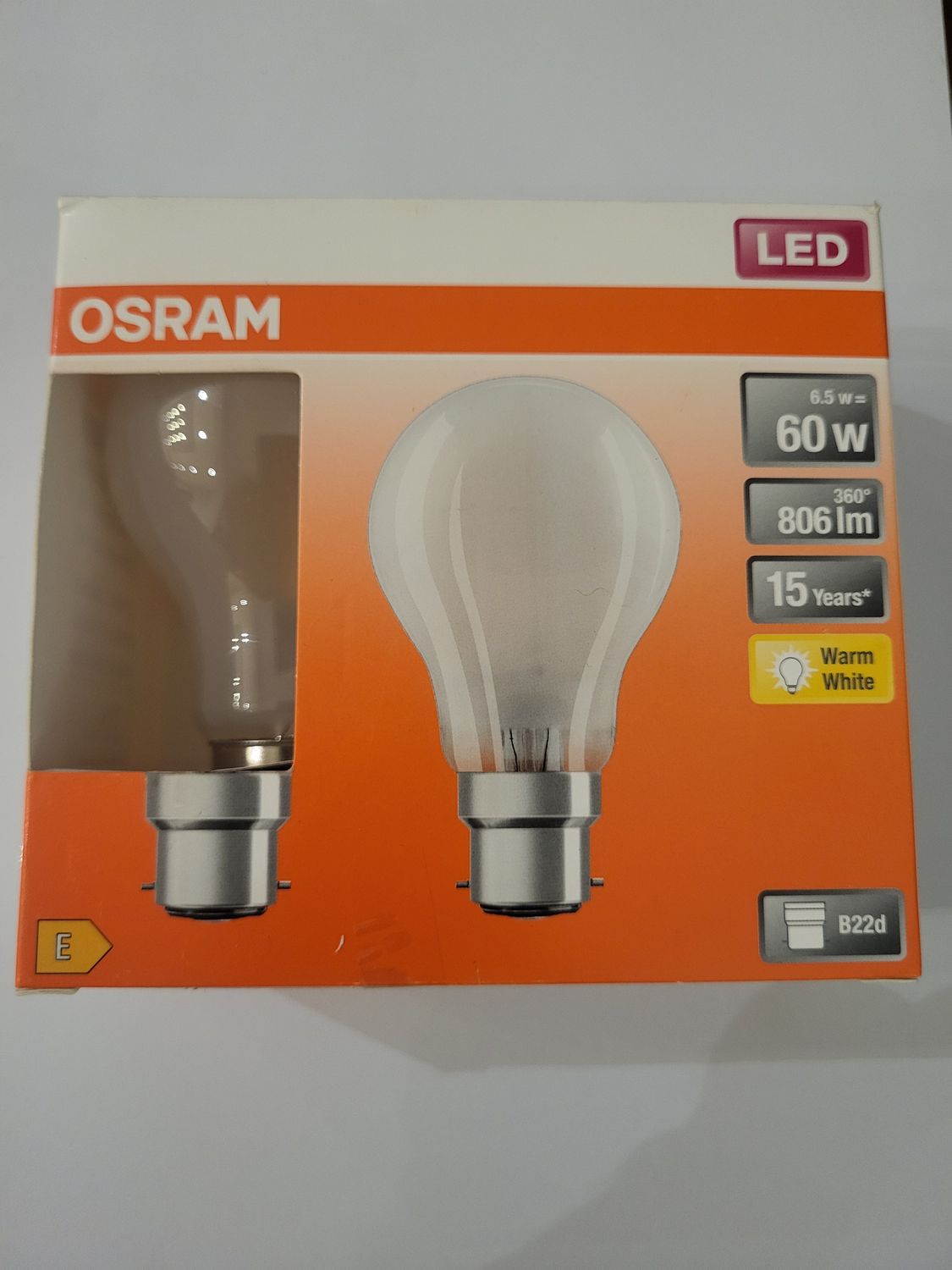 OSRAM LED B22d 6.5W=60W 2700K PACK DE 2 PIÈCES 