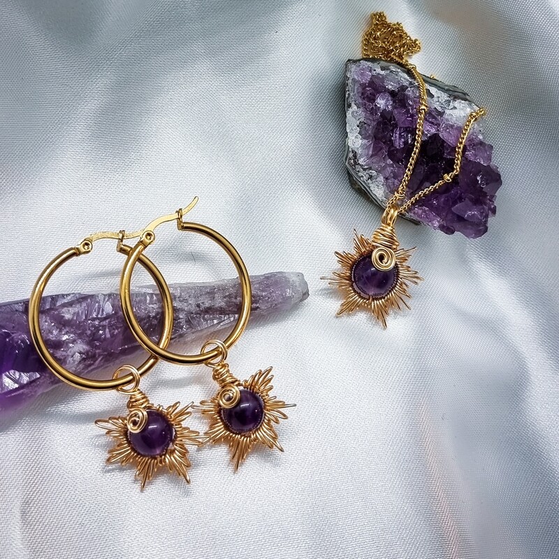 SET Necklace + Earrings &quot;SUN&quot; - Choose Stone