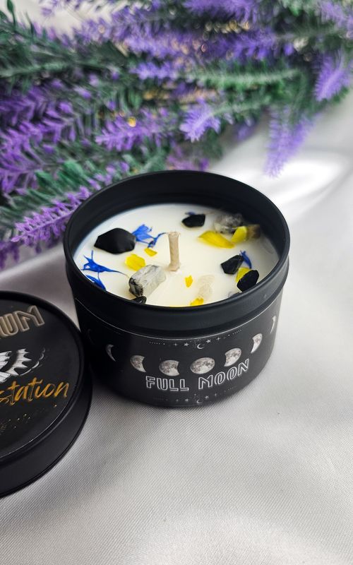 Candle &quot;FULL MOON&quot; - Rainbow Moonstone/Black Tourmaline