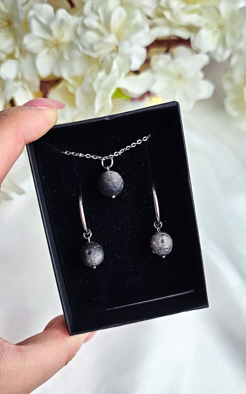 Set &quot;NEW MOON&quot; Necklace + Earrings in Silver Obsidian