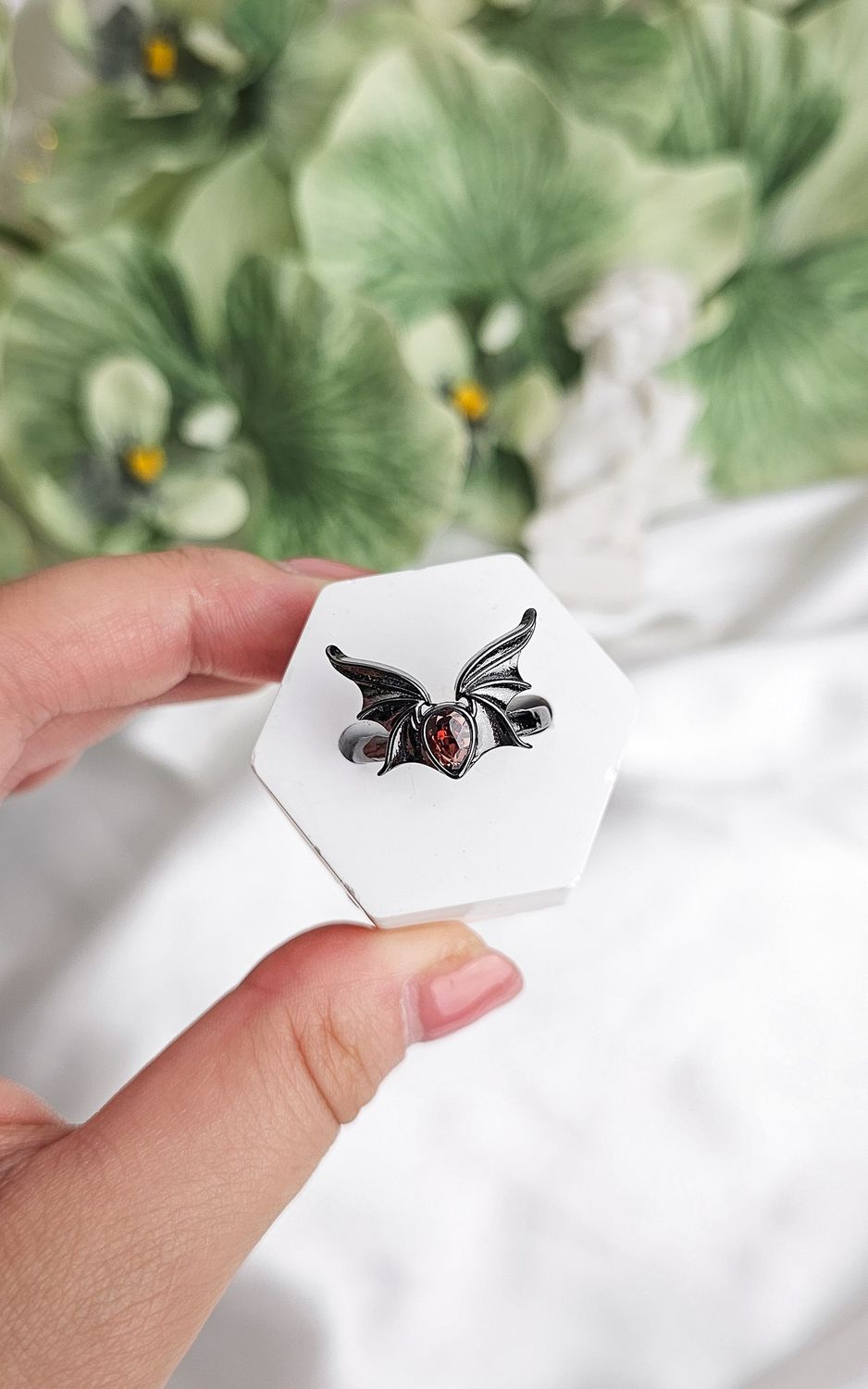 Adjustable Ring with Bat in Garnet (FROM SIZE 13)