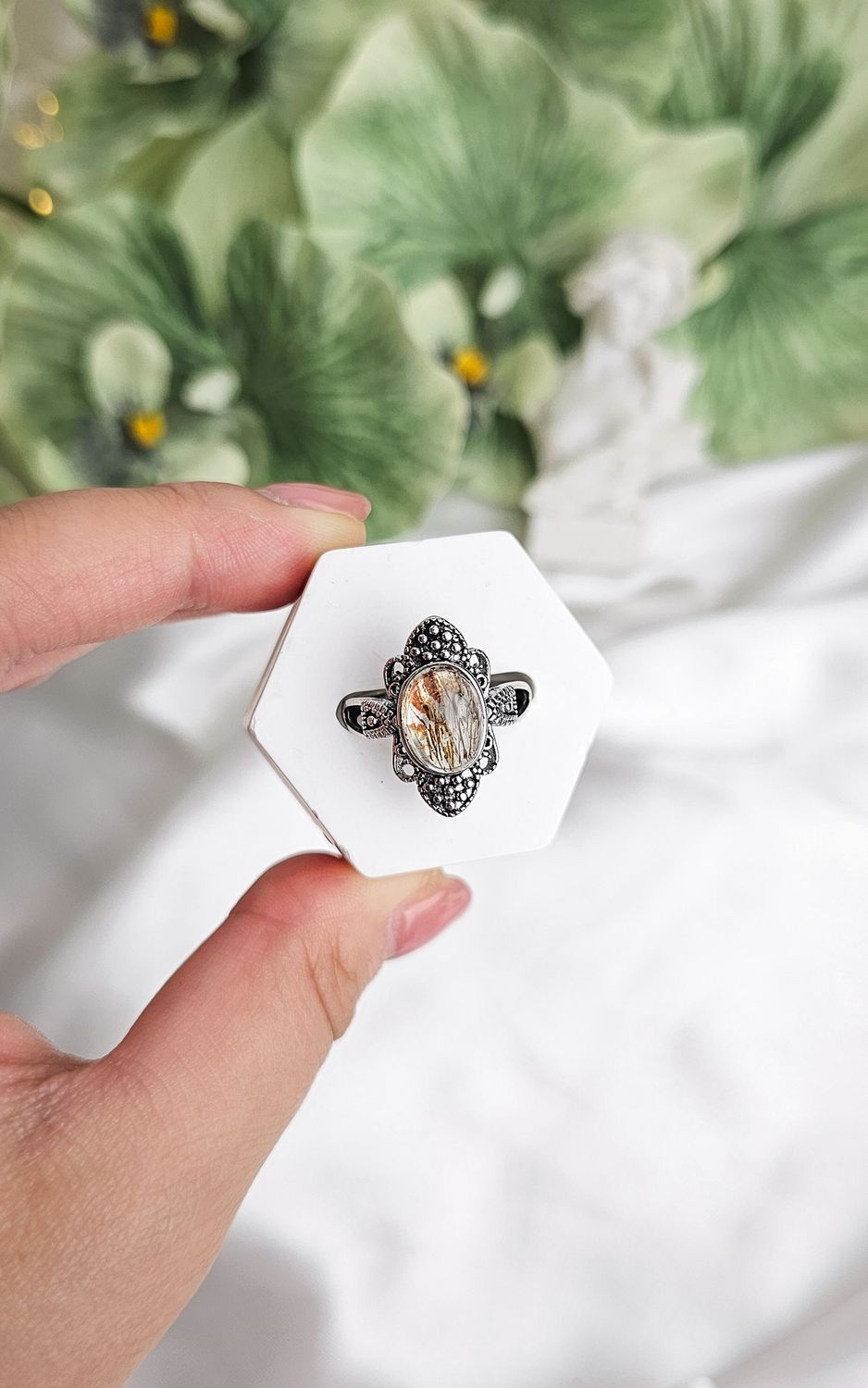 Adjustable Boho Ring with Rutiled Quartz (FROM SIZE 13/14)